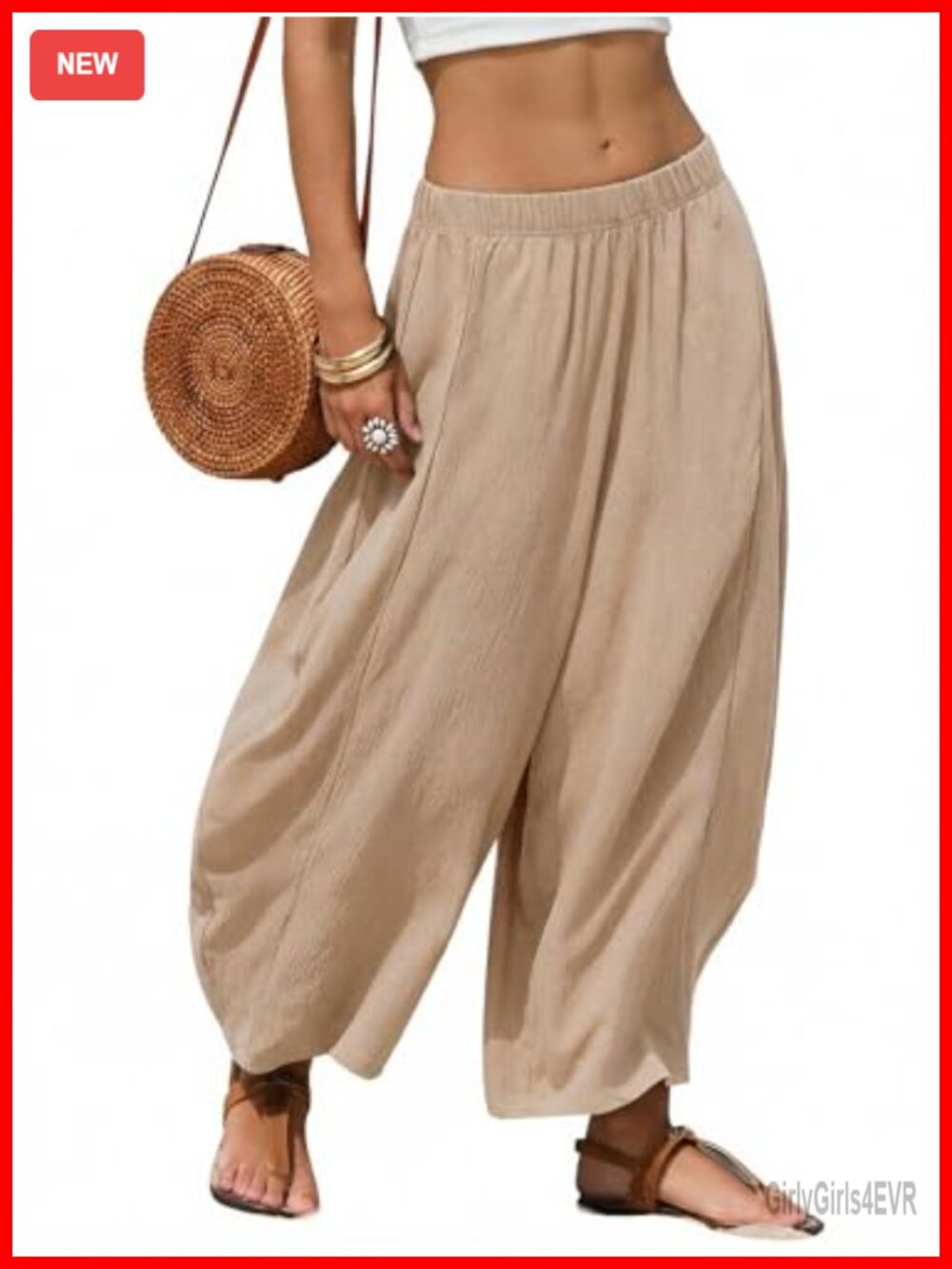 Faux Linen Wide Leg Palazzo Pants Elastic Waist Flowy Beach